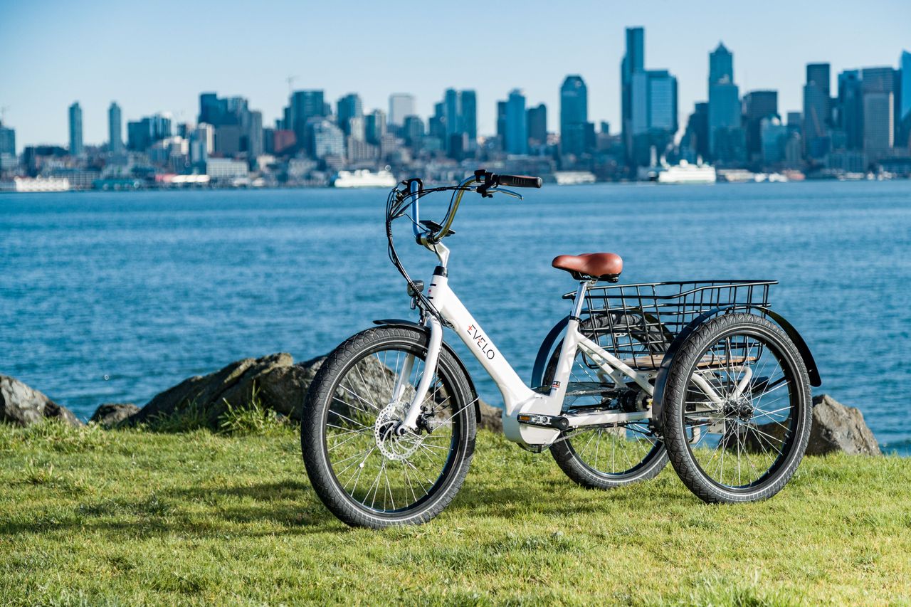 Electric tricycle facing Seattle skyline by the sea, symbolizing modern and eco-friendly transportation.